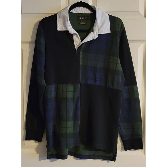 Bespoke Shirts Bespoke Mens Medium Color Block Black Plaid Rugby Shirt Long Sleeve Preowned
